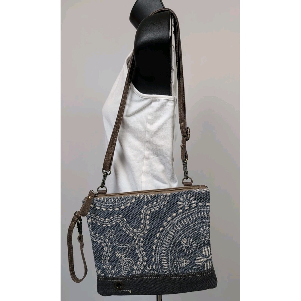 Myra Upcycled Canvas Blue White Crossbody Bag Zippered Closure Removable Strap